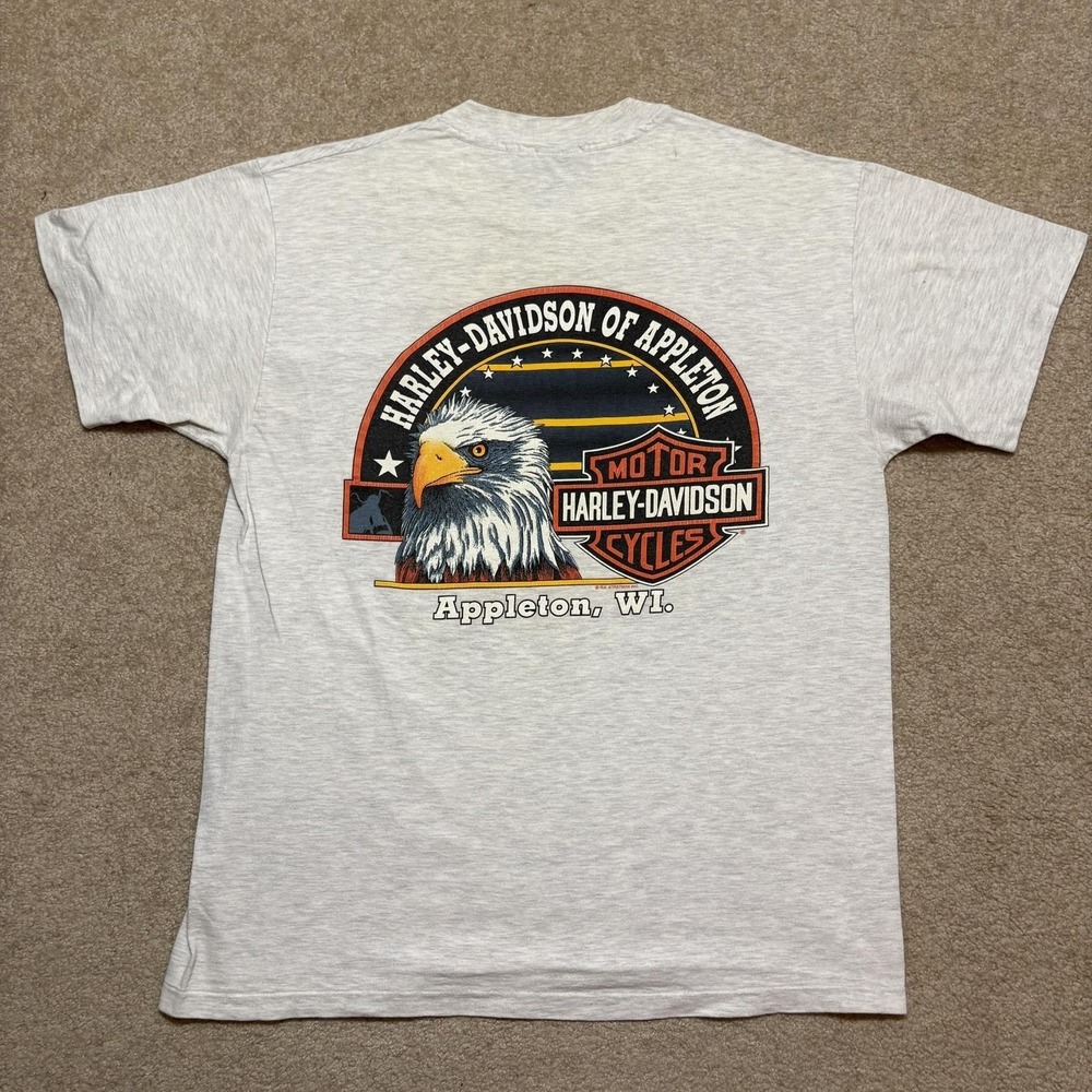 Vtg Harley-Davidson Shirt Mens Large 90s Bald Eagle Graphic Pocket Tee Gray USA